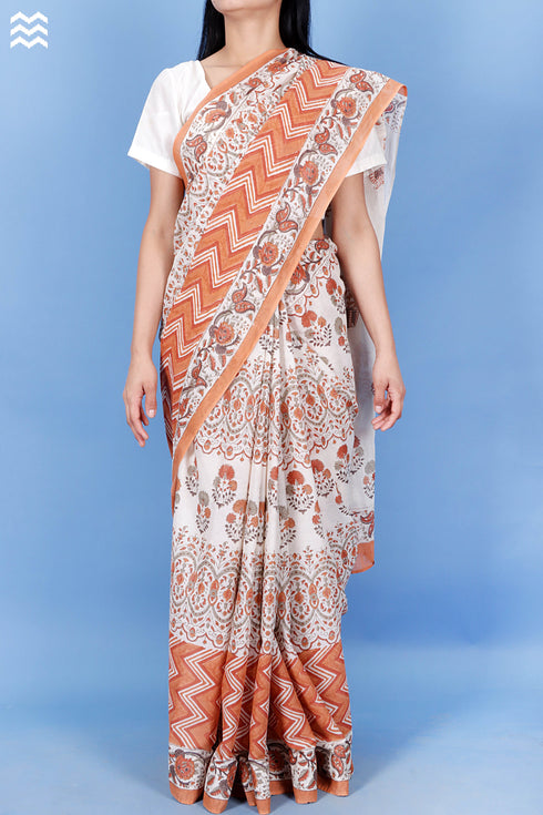 Mulmul Cotton Saree With Fall In Floral Block Print